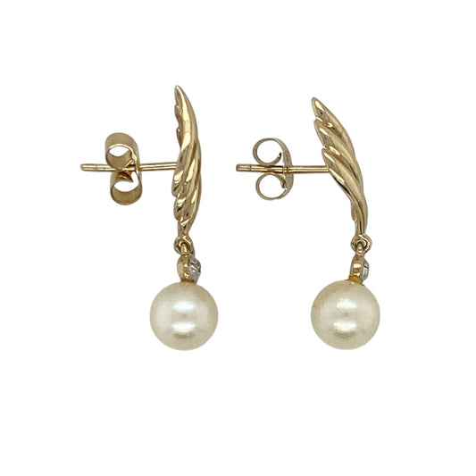 9ct Gold Diamond & Pearl Drop Earrings