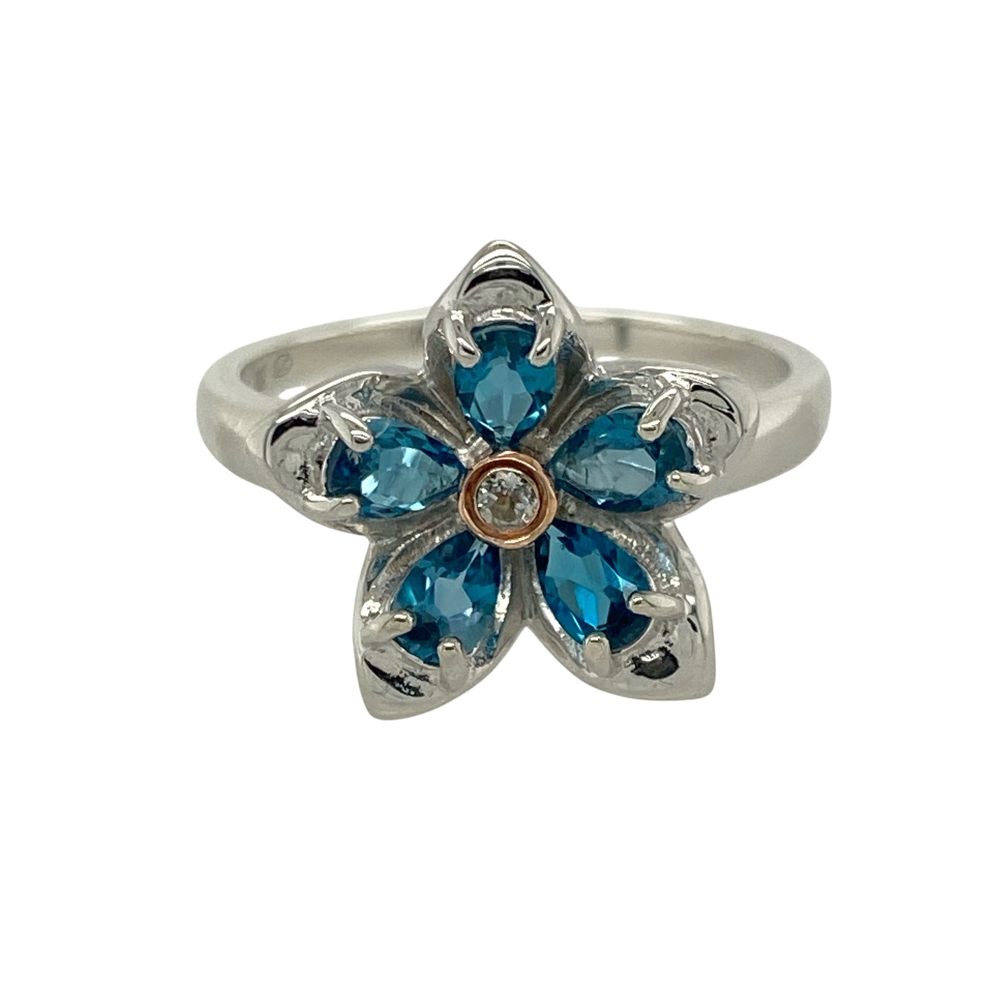 925 Silver Blue & White Topaz Set Clogau Flower Ring
