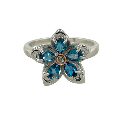 925 Silver Blue & White Topaz Set Clogau Flower Ring