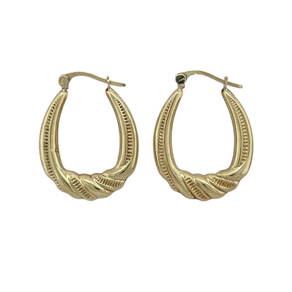 9ct Gold Patterned Twist Oval Creole Earrings