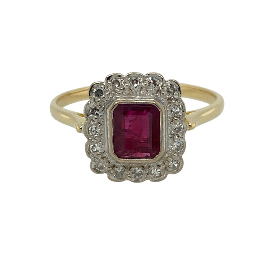 18ct Gold Diamond & Ruby Set Art Deco Style Cluster Ring