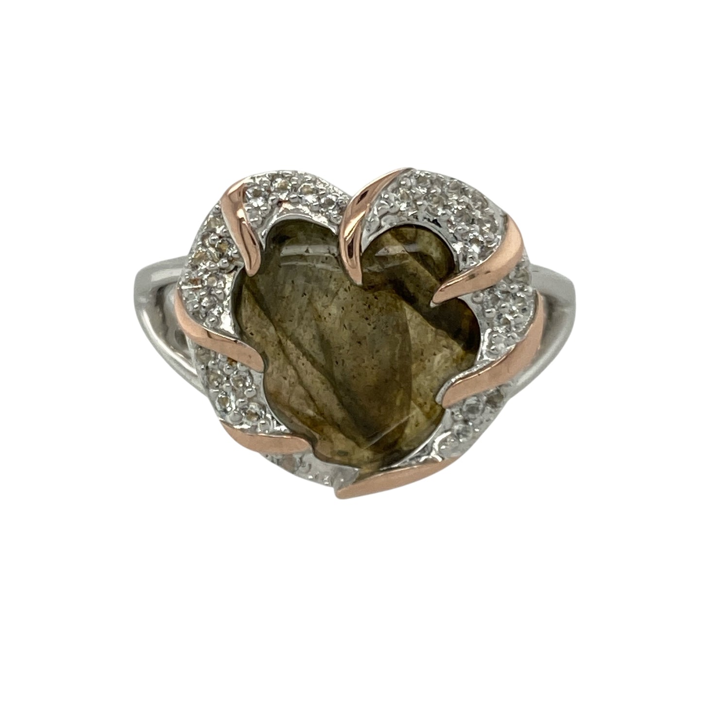 925 Silver White Topaz & Green Stone Heart Ring