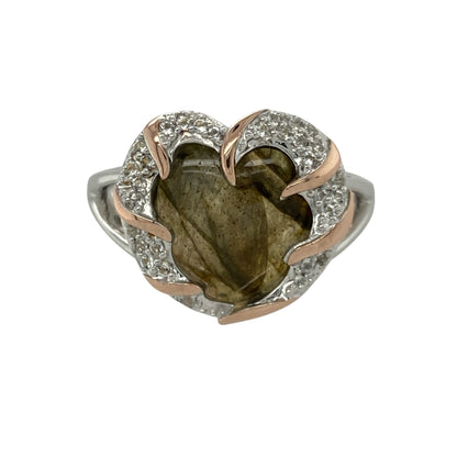 925 Silver White Topaz & Green Stone Heart Ring