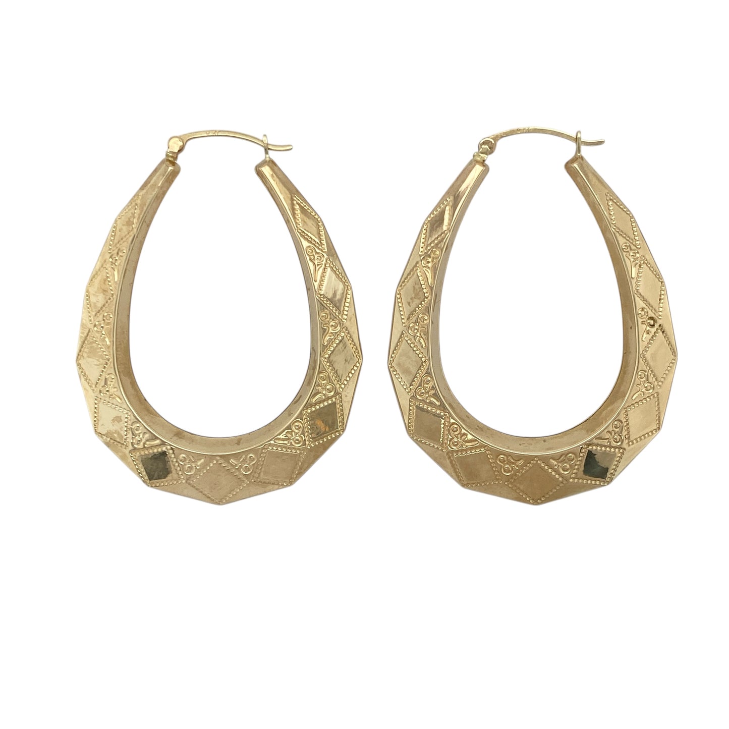 9ct Gold Patterned Large Oval Creole Earrings