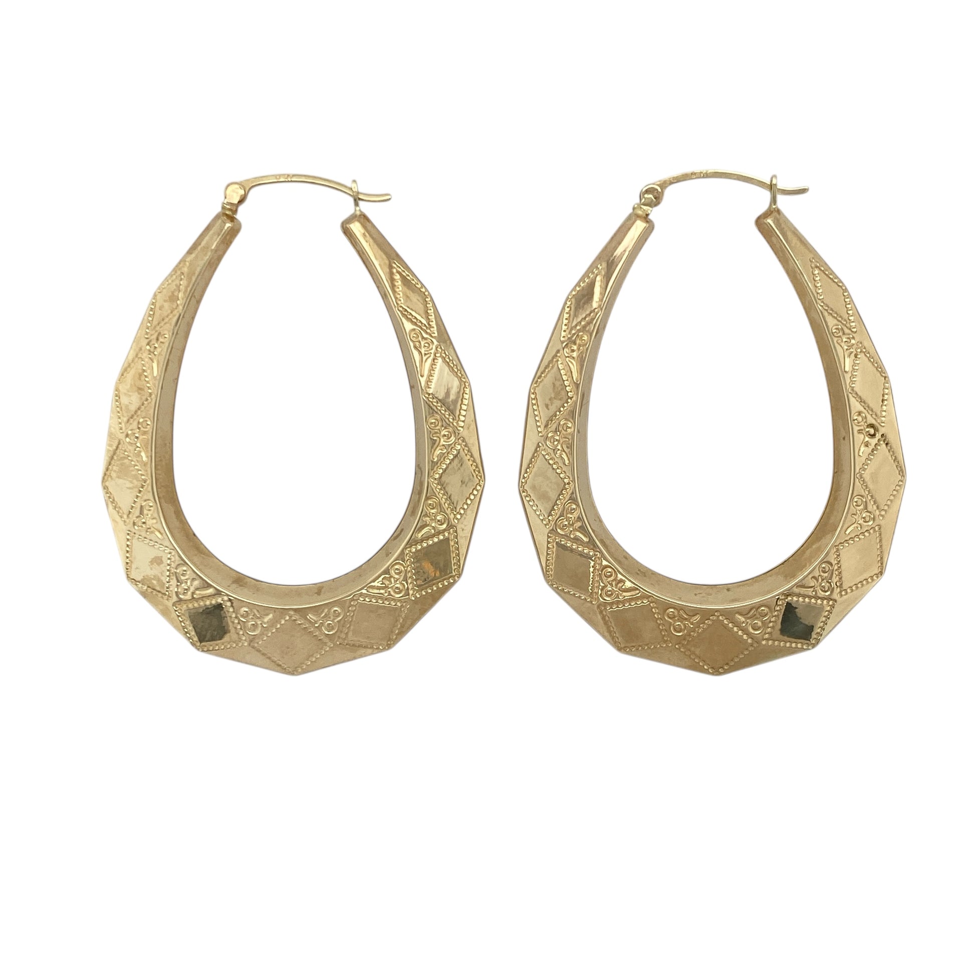 9ct Gold Patterned Large Oval Creole Earrings
