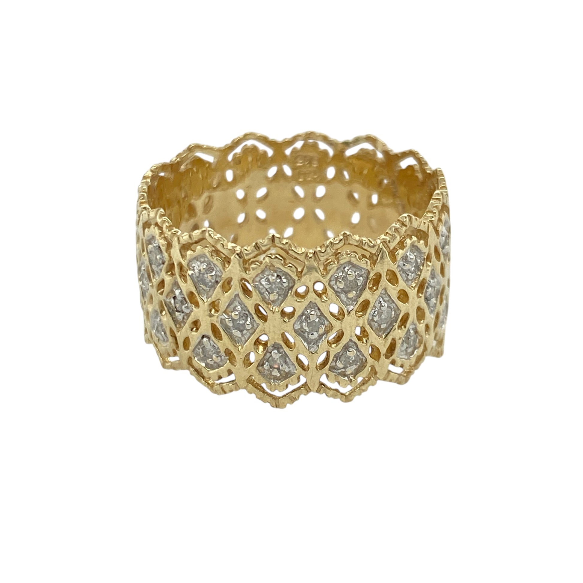 9ct Yellow and White Gold Diamond Set Filigree Style Wide Band Ring