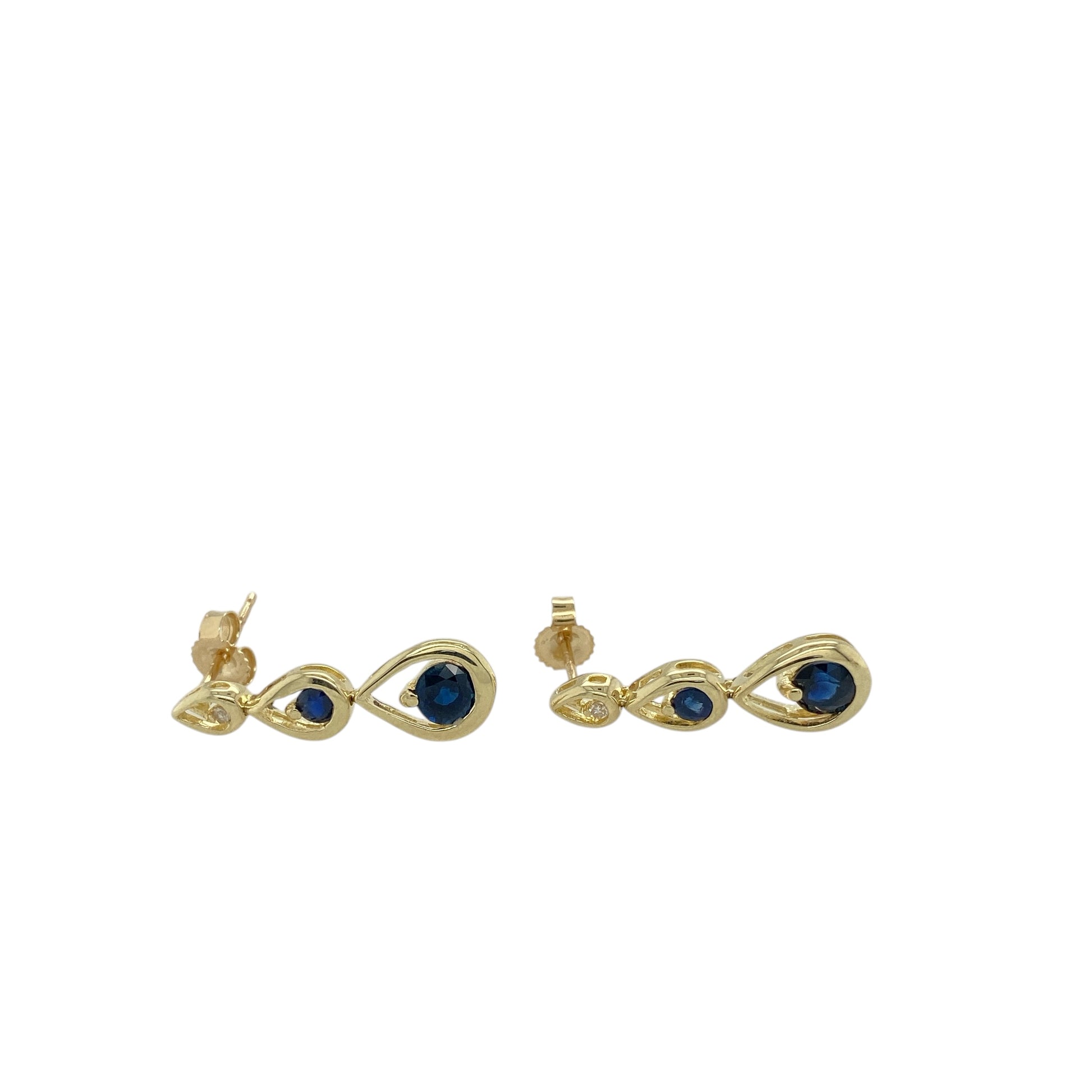 Add timeless elegance and a touch of rich colour to your collection with these pre-owned 9ct yellow gold diamond and sapphire set drop earrings, combining classic design with refined sparkle—perfect for both everyday wear and special occasions.

Design: Each earring features a stunning 4mm by 4mm deep blue sapphire as the focal point, complemented by a sparkling diamond accent above, creating a graceful drop design that catches the light beautifully.

