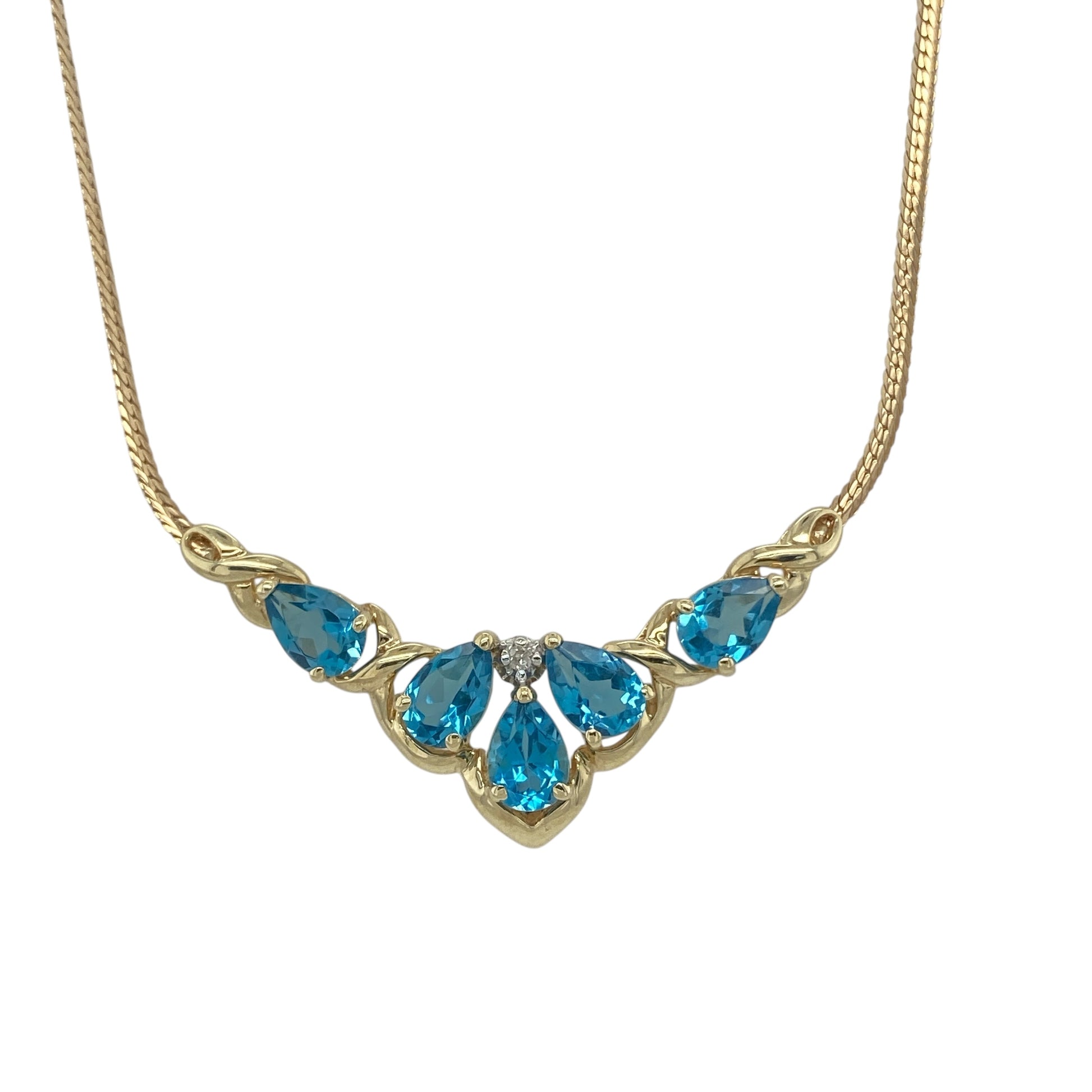9ct Gold Diamond & Blue Topaz Flat Snake 16" Necklace

