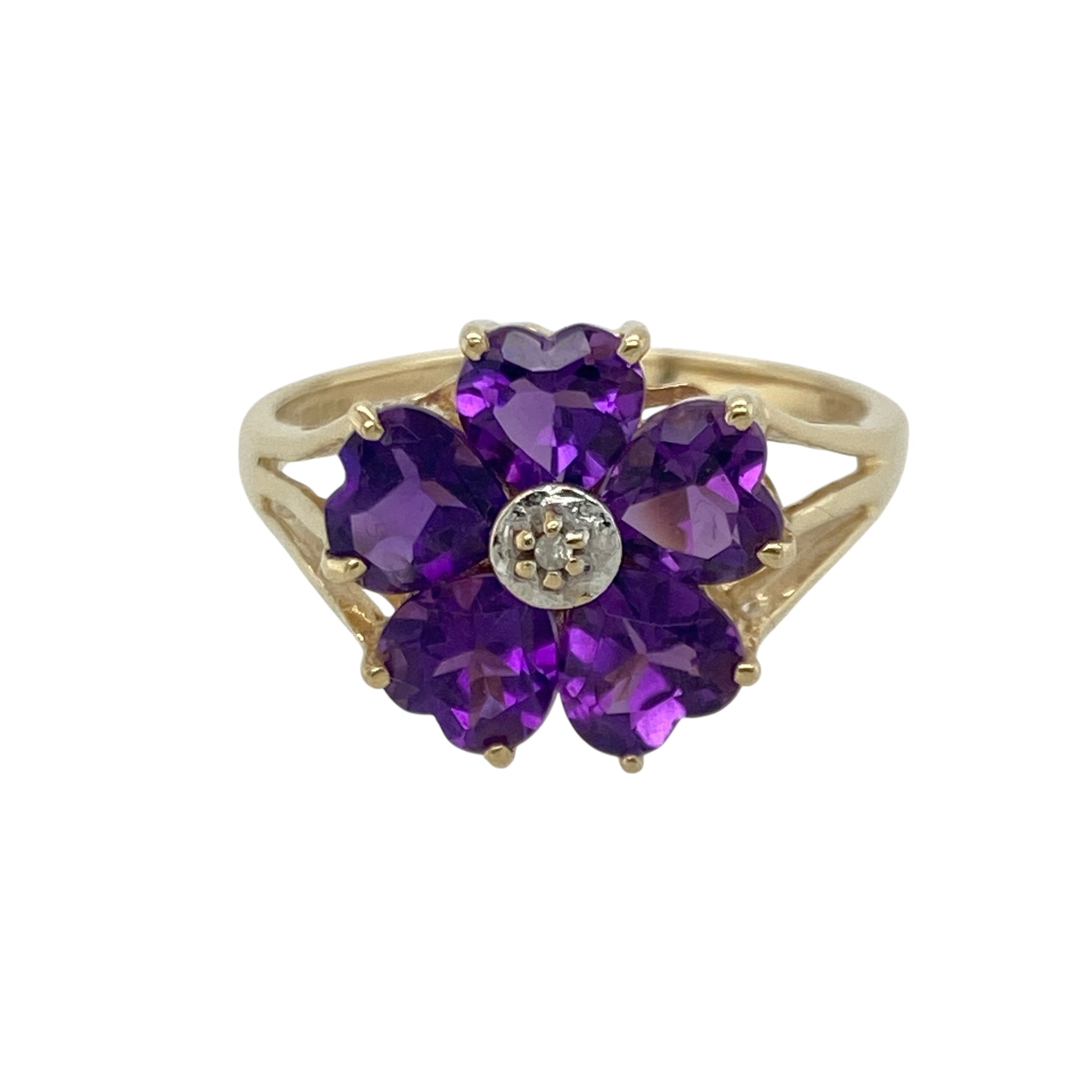 9ct Gold Diamond & Amethyst Set Flower Ring