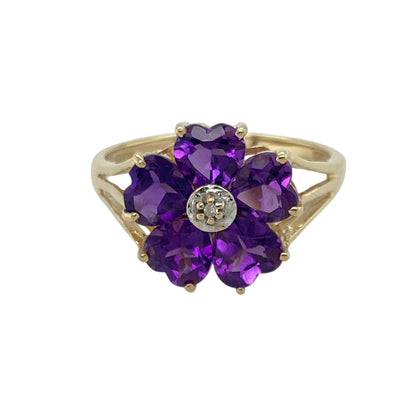 9ct Gold Diamond & Amethyst Set Flower Ring