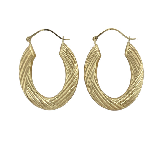 9ct Gold Textured Patterned Oval Creole Earrings
