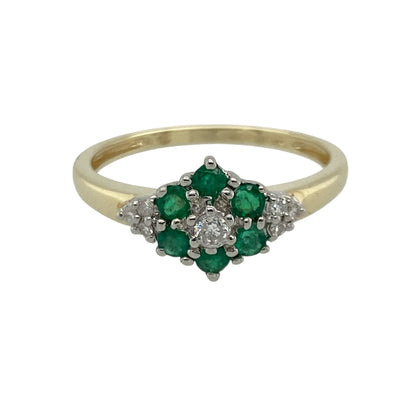 9ct Gold Diamond & Emerald Set Flower Cluster Ring