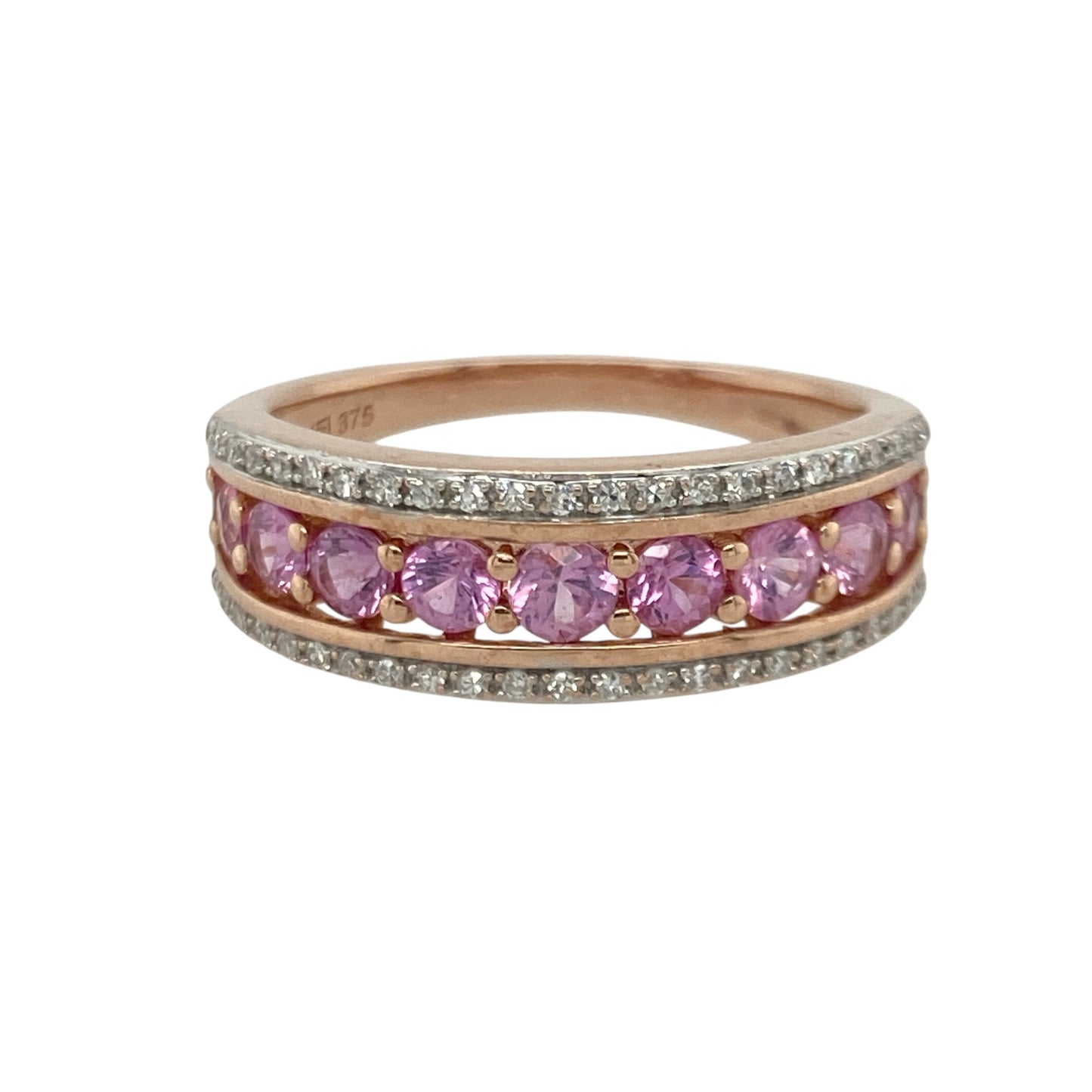 9ct Gold Diamond & Pink Sapphire Set Band Ring