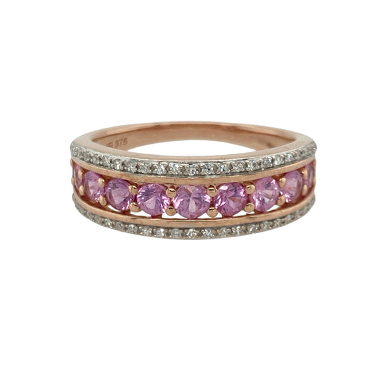 9ct Gold Diamond & Pink Sapphire Set Band Ring