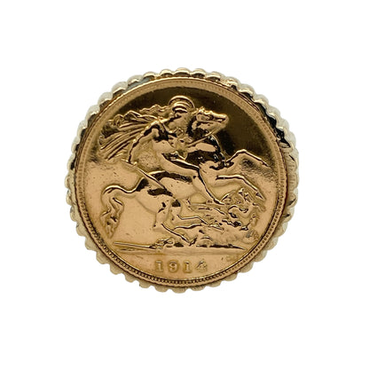 Bring historic significance and bold golden style to your collection with this pre-owned 9ct yellow gold mount ring featuring a full 22ct gold 1914 sovereign—an impressive piece offering timeless heritage and striking presence.

Design: This size T ring showcases a 21mm (approx) mount holding an authentic full 1914 22ct gold sovereign, framed by a line-textured surround that adds depth and distinctive character to the design.