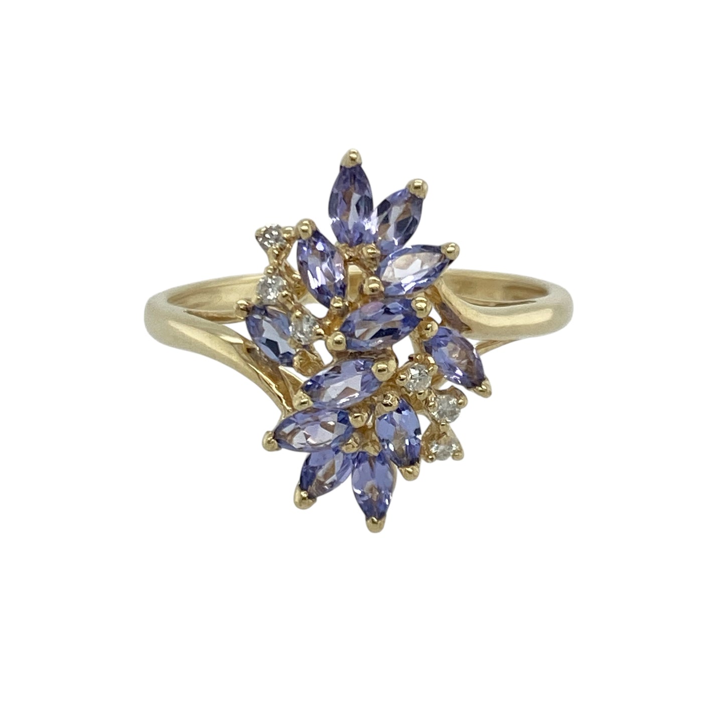 9ct Gold Diamond & Tanzanite Set Flower Style Ring
