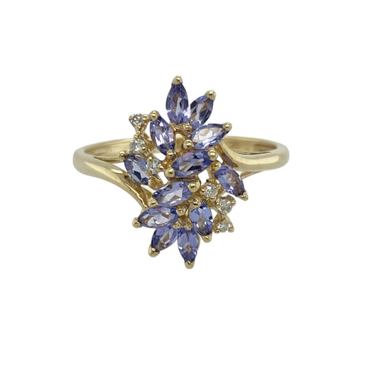 9ct Gold Diamond & Tanzanite Set Flower Style Ring