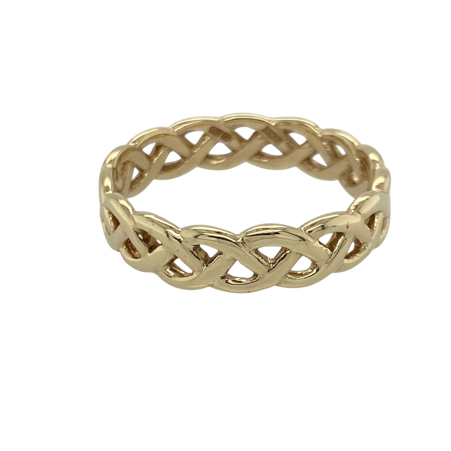 Bring timeless symbolism and elegant detail to your collection with this pre-owned 9ct yellow gold Celtic knot band ring—an attractive piece offering traditional charm and enduring style.

Design: This size Y band features a 5mm wide open Celtic knot pattern, showcasing interlaced motifs that represent unity, eternity, and connection.
Material: Made from 9-carat yellow gold, the polished finish enhances its warm tone and highlights the intricate flowing design.