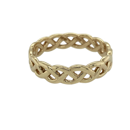 Bring timeless symbolism and elegant detail to your collection with this pre-owned 9ct yellow gold Celtic knot band ring—an attractive piece offering traditional charm and enduring style.

Design: This size Y band features a 5mm wide open Celtic knot pattern, showcasing interlaced motifs that represent unity, eternity, and connection.
Material: Made from 9-carat yellow gold, the polished finish enhances its warm tone and highlights the intricate flowing design.