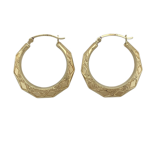 9ct Gold Patterned Hoop Creole Earrings