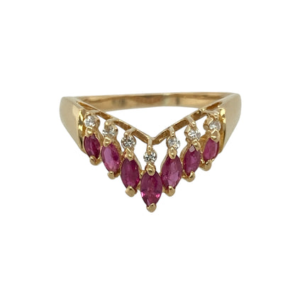 9ct Gold Diamond & Ruby Set Wishbone Ring
