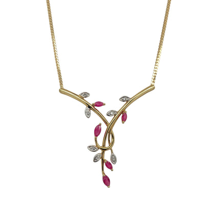 9ct Gold Diamond & Ruby Set Leaf Style 16" Necklace