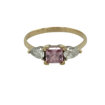14ct Gold Diamond & Pink Topaz Set Trilogy Ring