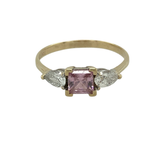 14ct Gold Diamond & Pink Topaz Set Trilogy Ring