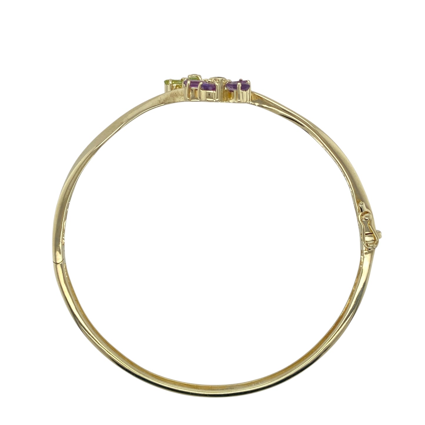 9ct Gold Diamond Amethyst & Peridot Set Flower Bangle