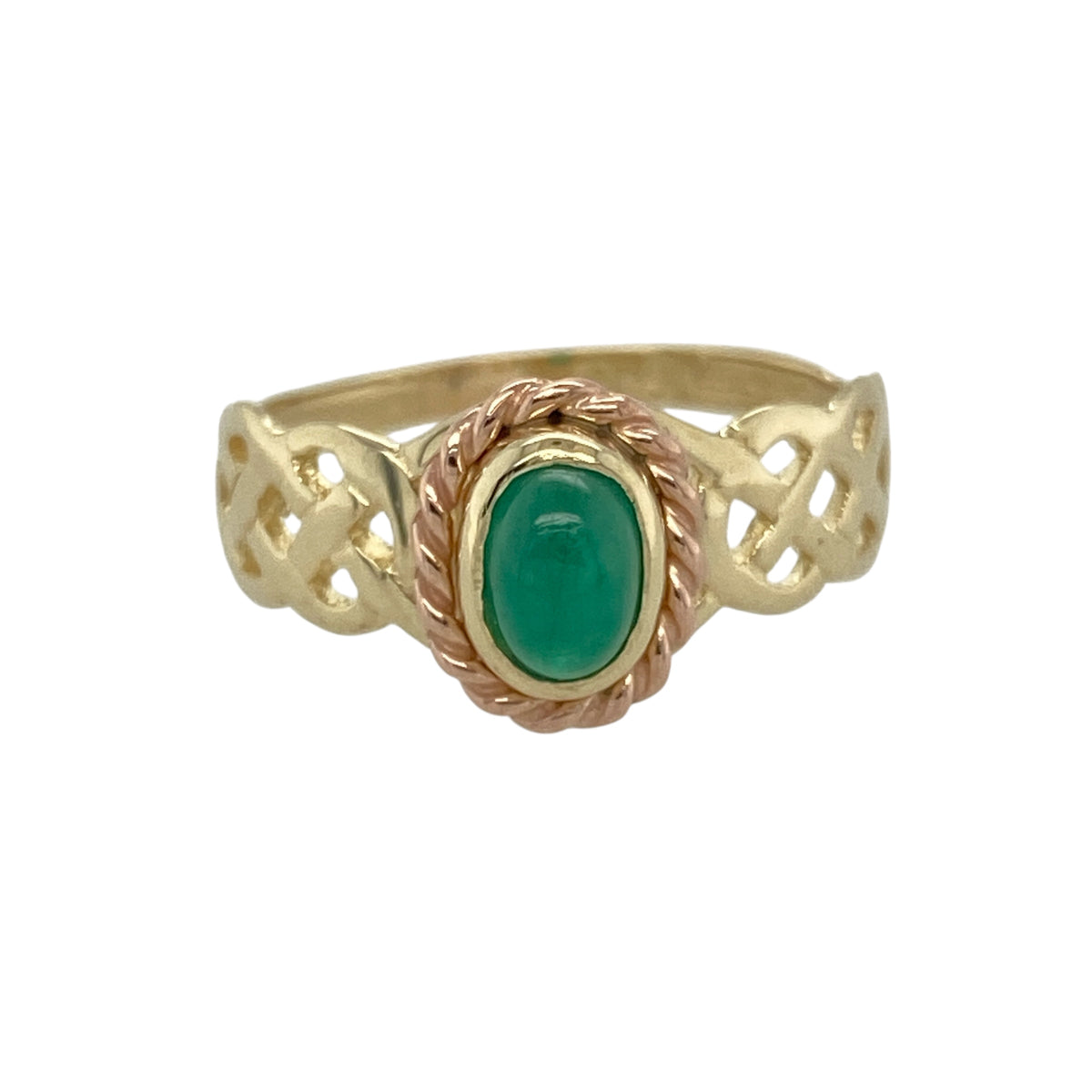9ct Welsh Gold & Green Stone Celtic Knot Ring