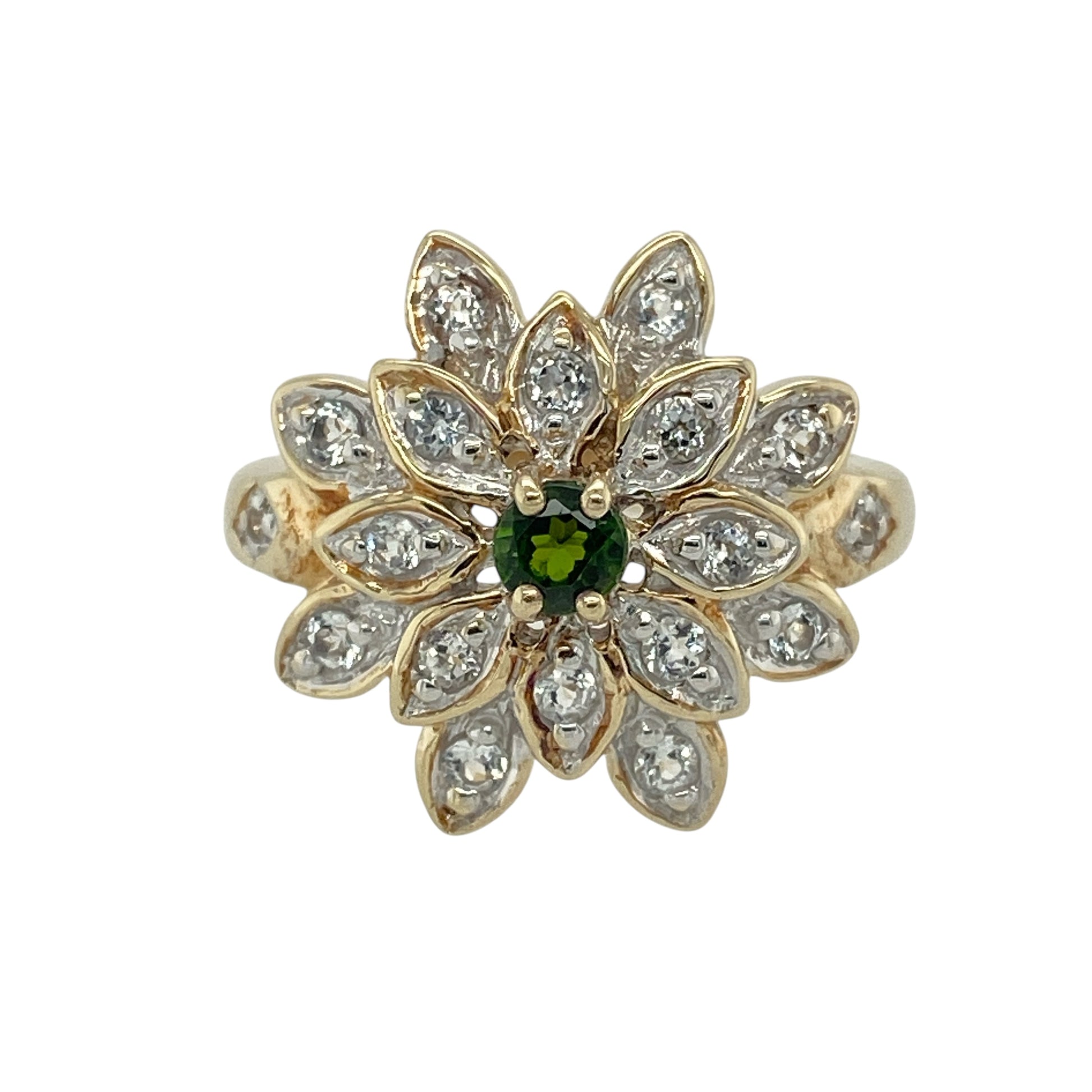 9ct Gold Green Stone & Cubic Zirconia Set Flower Style Cluster Ring