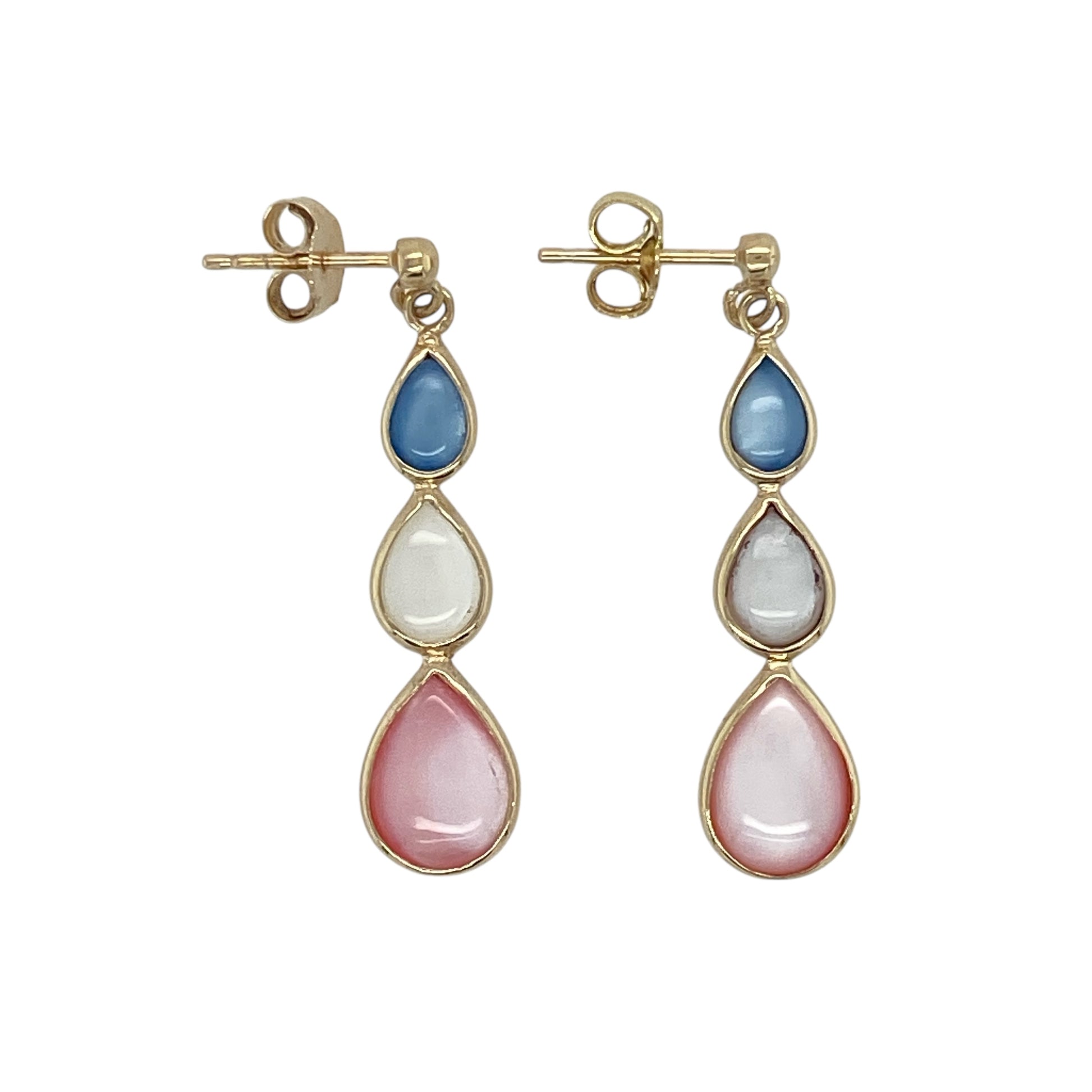 9ct Gold Blue, White & Pink Stone Set Drop Earrings