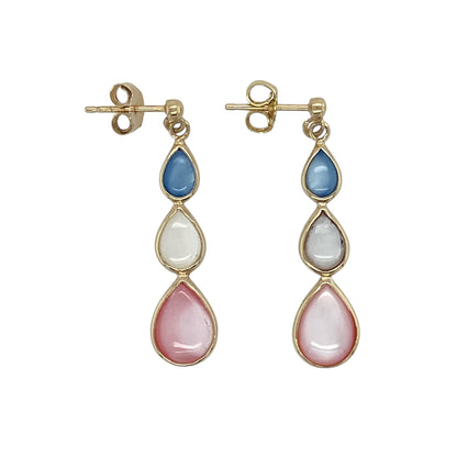 9ct Gold Blue, White & Pink Stone Set Drop Earrings