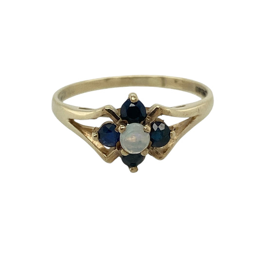 9ct Gold Opalique & Sapphire Set Flower Ring