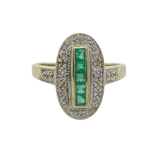 9ct Gold Diamond & Emerald Set Art Deco Style Long Oval Ring