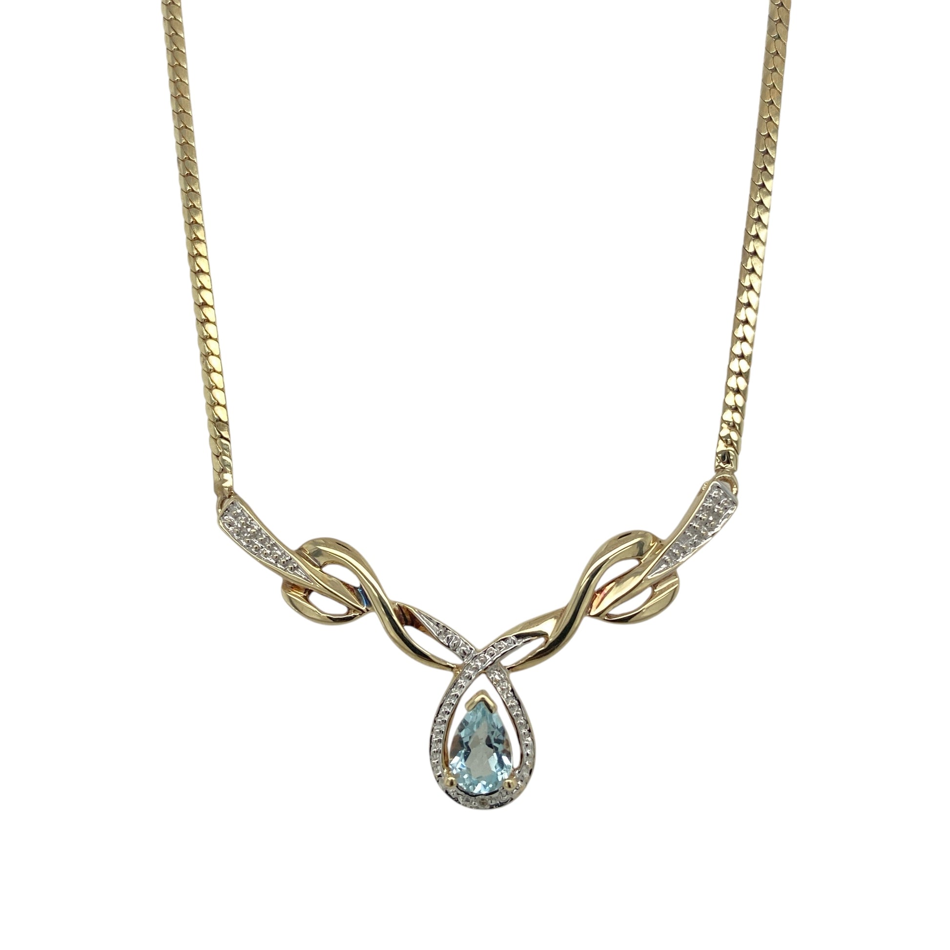 9ct Gold Diamond & Blue Topaz Set Flat Snake 18" Necklace