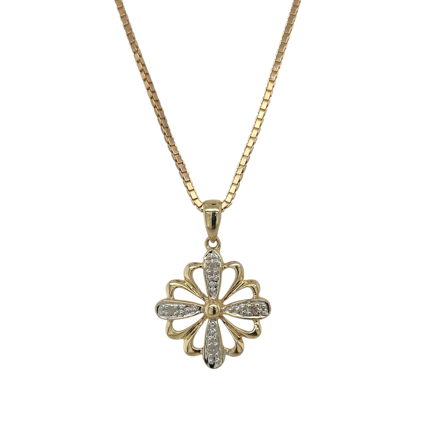 9ct Gold & Diamond Set Flower 18" Necklace