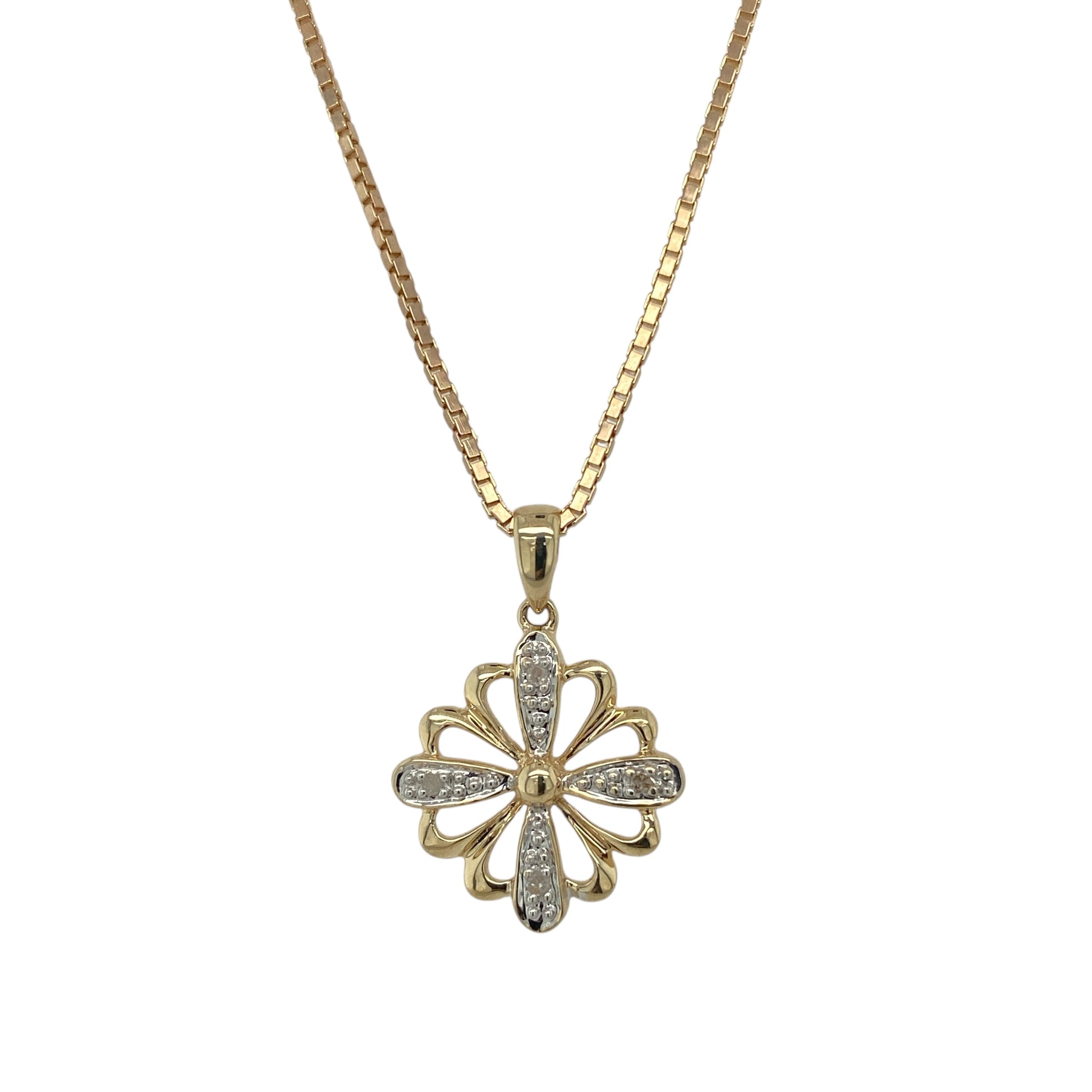 9ct Gold & Diamond Set Flower 18" Necklace