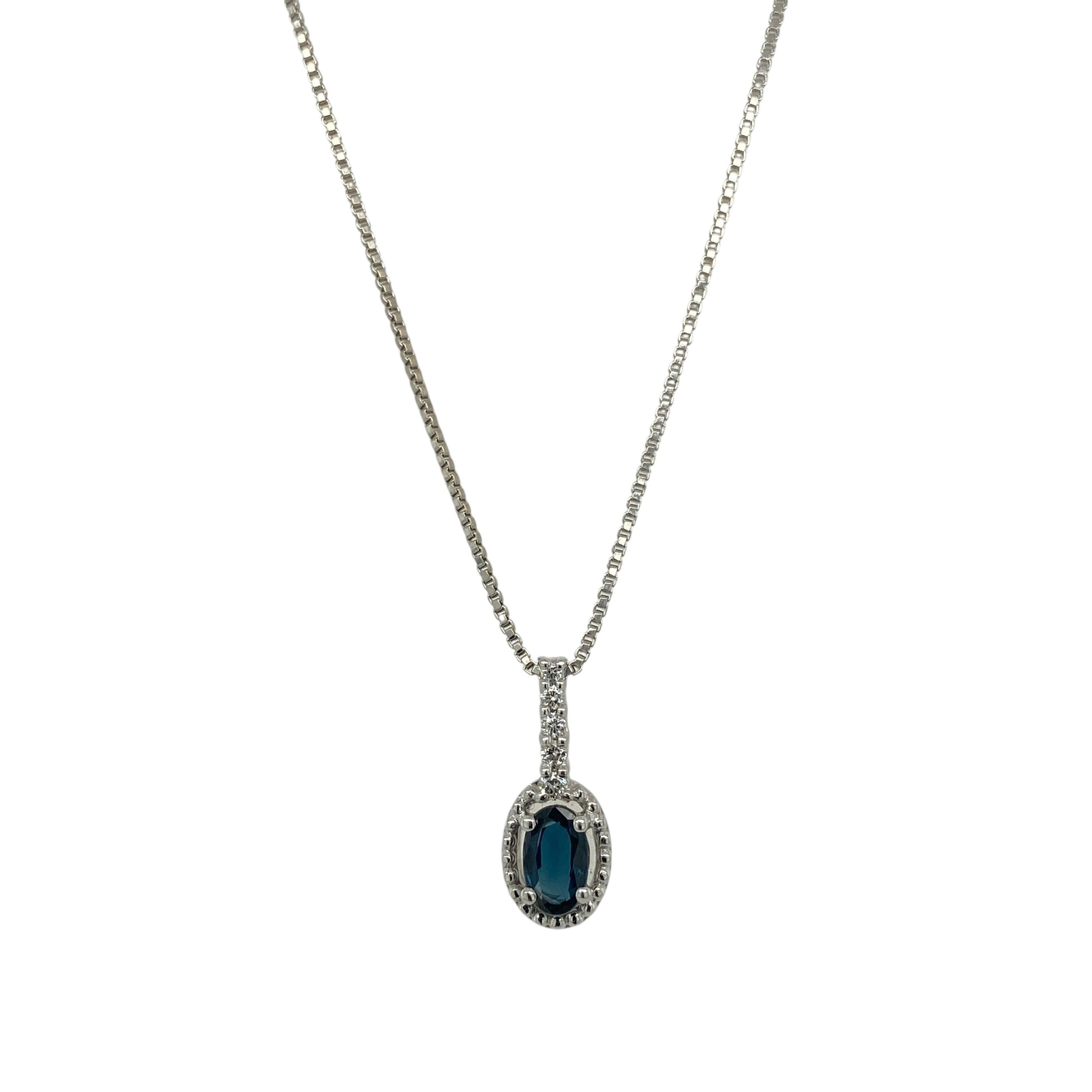 18ct White Gold Diamond & Sapphire Set Halo 18" Necklace