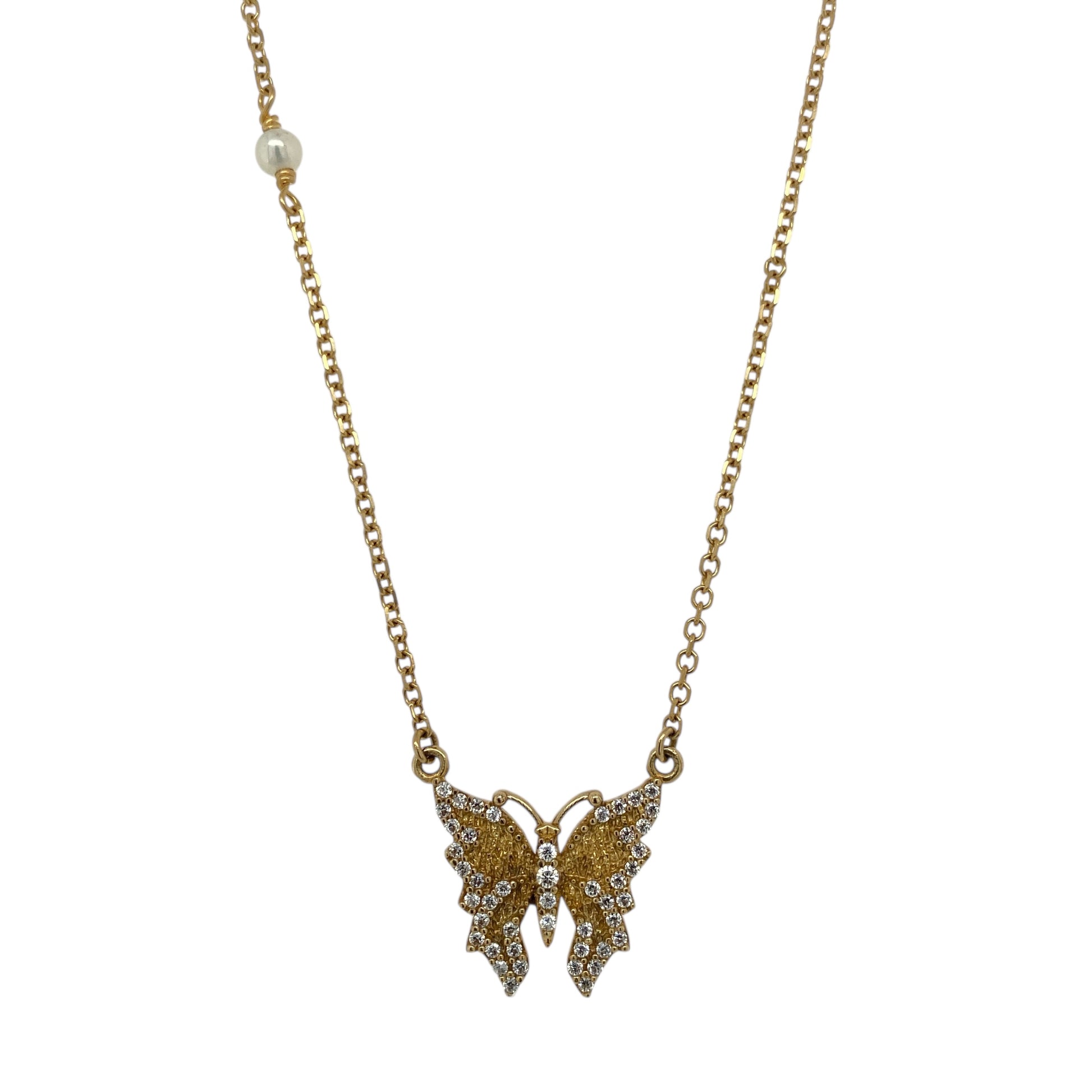 9ct Gold Pearl & Cubic Zirconia Set Butterfly 17" Necklace