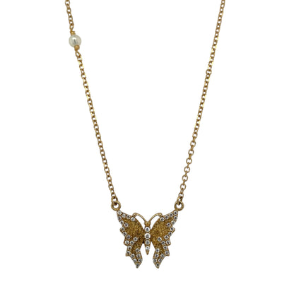 9ct Gold Pearl & Cubic Zirconia Set Butterfly 17" Necklace