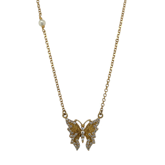 9ct Gold Pearl & Cubic Zirconia Set Butterfly 17" Necklace