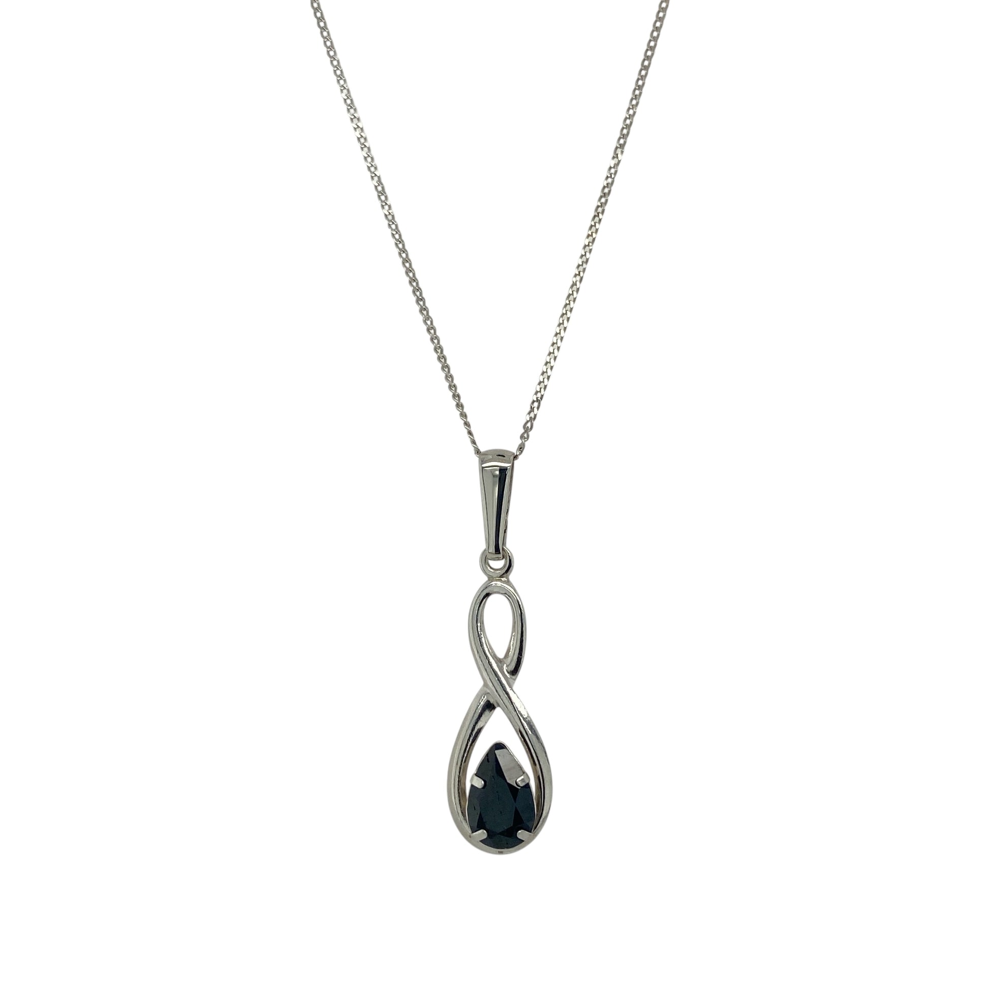 9ct White Gold & Black Stone Teardrop 16" Necklace