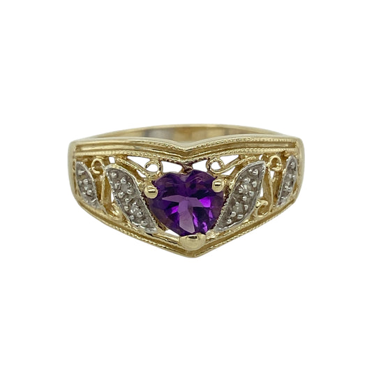 9ct Gold Diamond & Amethyst Set Wishbone Style Ring