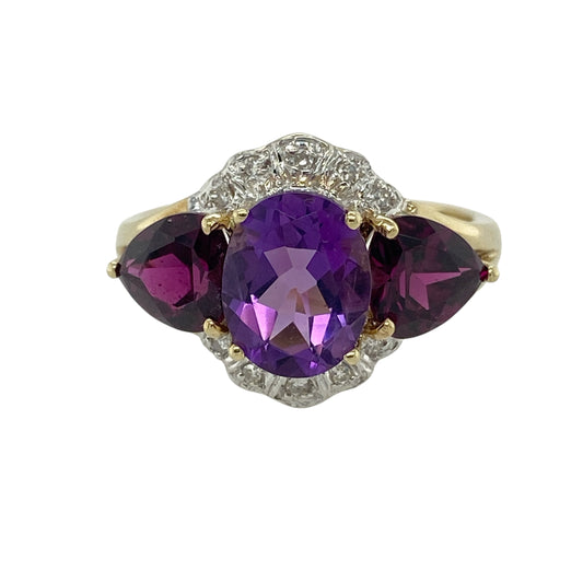 9ct Gold Diamond Amethyst & Pink Tourmaline Set Dress Ring