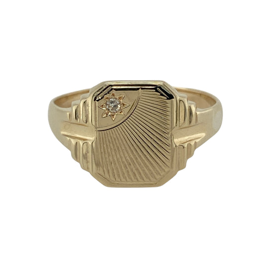 9ct Gold & Diamond Set Patterned Signet Ring