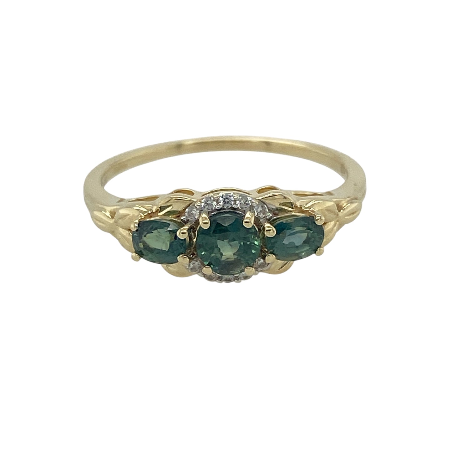 9ct Gold Green Stone & Cubic Zirconia Set Trilogy Ring