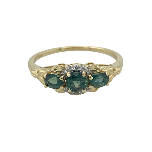 9ct Gold Green Stone & Cubic Zirconia Set Trilogy Ring