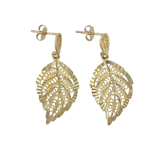 9ct Gold Filigree Leaf Drop Earrings