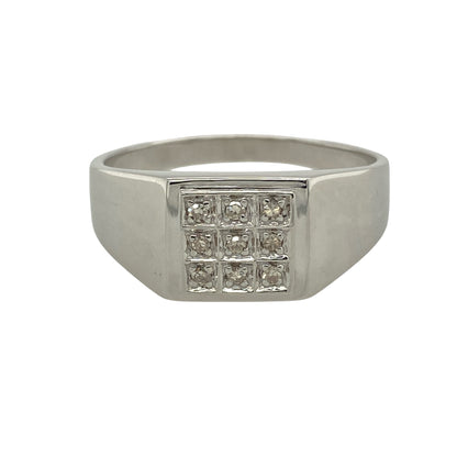 9ct White Gold & Diamond Set Square Signet Ring